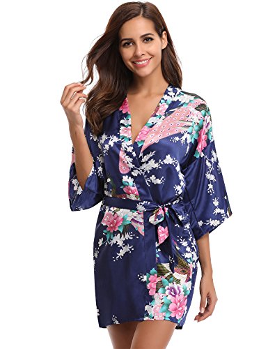 Aibrou Women's Kimono Robe Satin Peacock Bathrobe Short Silk Bridal Robe Dark Blue