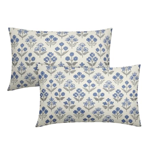 Blue Grey Gray Floral Pillow Covers 12x20 Inch Set of 2, Block Print Lumbar Flower Cream Decorative Throw Pillowcases Outdoor Farmhouse Rectangle Cushion Covers Spring Summer Sofa Couch Bed Decor