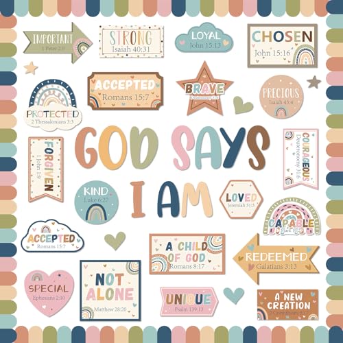 Christian Bulletin Board Decorations Classroom Motivational Bulletin Board for Welcome Back Boho Rainbow God Says I Am Cutout Inspirational Religious Wall Decors for Sunday School Home Church Supplies