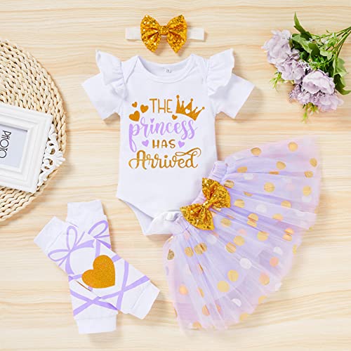Grnshts Newborn Infant Baby Girl Clothes Ruffle Sleeve Letter Print Romper+Tutu Skirt+Legging Warmer+Headband 4Pcs Outfit Set (Dot Purple, Newborn) #TOP1
