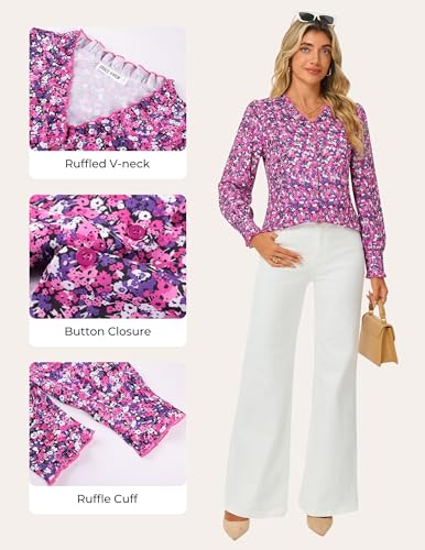 GRACE KARIN Women’s Boho Floral Tops, 2026 Fall Button Down Long Sleeve Blouses, Dressy Casual V Neck Work Trendy Shirts Purple L — view 4