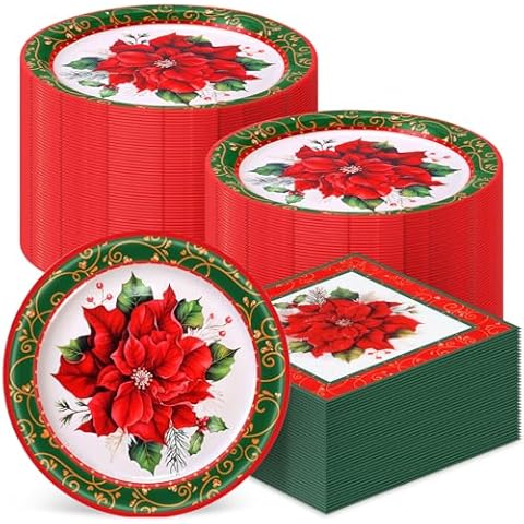 Zhehao 120 Pcs Christmas Paper Plates and Napkins Bulk Disposable Red and Green Poinsettia Plates Napkins Christmas Party Decoration Poinsettia Dinnerware Set for Xmas Christmas Party Supplies Cover