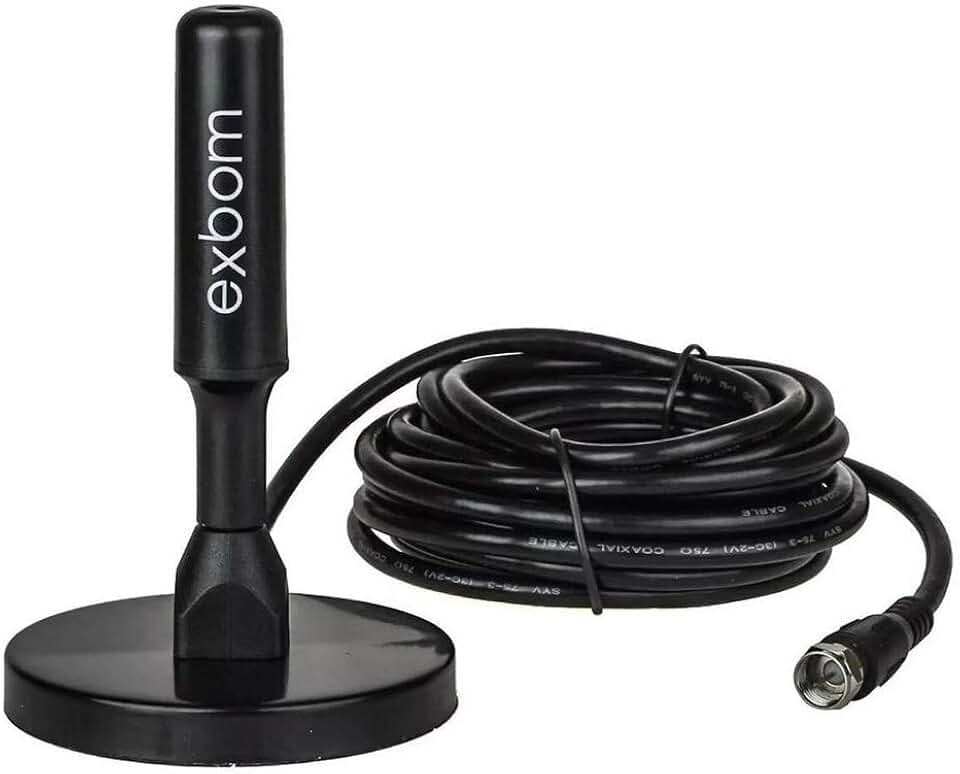 Antena Digital Amplificada HDTV/UHF/VHF Interna e Externa 5m Base Imã prova d'água 4dBI - Exbom