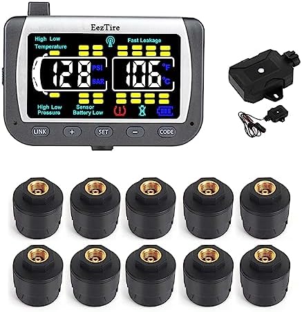 EEZTire-TPMS10ATCB Real Time/24x7 Tire Pressure Monitoring System - Color Monitor + 10 at Sensors + Free Booster, incl. 3-Year Warranty