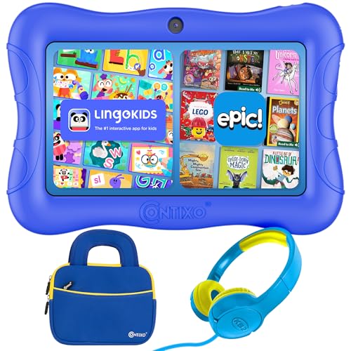 Image of Contixo 7 inch Kids Tablet Bundle - Android Tablets and Kids Wired Headphones, with 14+ Games and Educational Apps, WiFi, 32GB ROM, Learning Tablet for Kids - Dark Blue