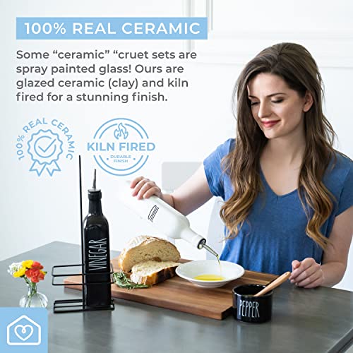 Heartland Home Ceramic Olive Oil And Vinegar Dispenser Set. Bottles, Kitchen Caddy, 3 Oil Pourer Spouts And Funnel! 21Oz Glass Bottle Container. Salad Dressing Or Cooking Oil Cruet (Black And White) #TOP4
