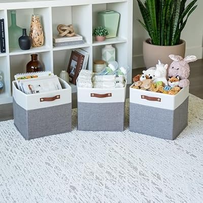 OrganiHaus 12 x 12 x 12 Fabric Cube Storage Bins - Set of 4, Cube Fabric Organizer Bins with Vegan Handles, Kallax Storage Cubes, 12Inch Cubic Baskets for Shelves - Grey / White