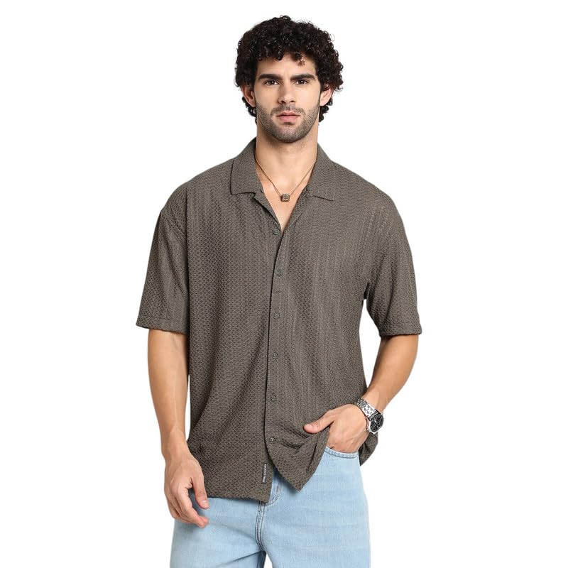 Image of CAHOOT Men's Oversized Shirt for Casual Wear | Cuban Collar | Short Regular Sleeves | Button Closure | Oversized Shirt Crafted with Comfort Fit for Everyday Wear