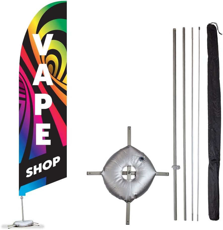Vispronet Premium Vape Shop Feather Flag Kit – 13ft Swooper Flag Pole Set with Sectional Aviation-Grade Fiberglass Poles, Ground Spike, Pole Sleeve Bag for Businesses, Printed in the USA