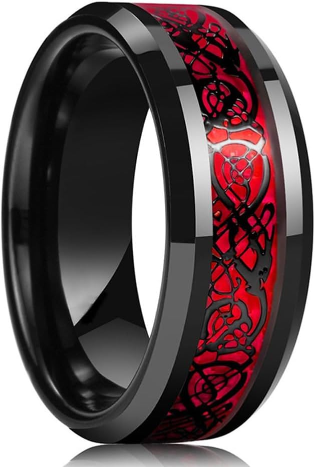 Men's Celtic Dragon Ring 8MM Silver/Black/Blue/Red/Gold Carbon Fiber Stainless Steel Wedding Band for Men Women Engagement Bands High Polished Beveled Edges Promise Rings Comfort Fit Size 5-13 - Image 5