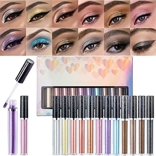 Liquid Glitter Eyeshadow Set, 12 Sparkling Colors Metallic Shimmer Eyeshadow Long Lasting & Blendable Eye Makeup Liquid Eye Shadow for Women Girls Shiny Liquid Eyeshadow Kit, Vegan & Cruelty-Free (12 Colors / Set)