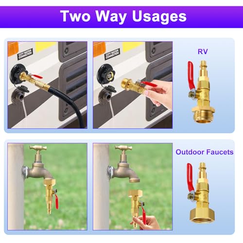 Image of RV Winterize Blowout Adapter with Ball Valve: Solid Brass air compressor with 1 /4 inch Quick Plug and 3 /4 inch Garden Water Hose for RV Camper Trailer and Boat