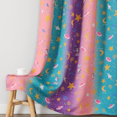 Image of Pink Purple Teal Unicorn Blackout Curtains 96 Inch Length for Kids Bedroom