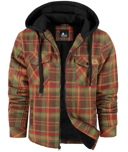 Image of V VALANCH Men's Flannel Shirt Jacket with Hood Fleece Lined Plaid Jacket Zip Up Winter Warm Coat