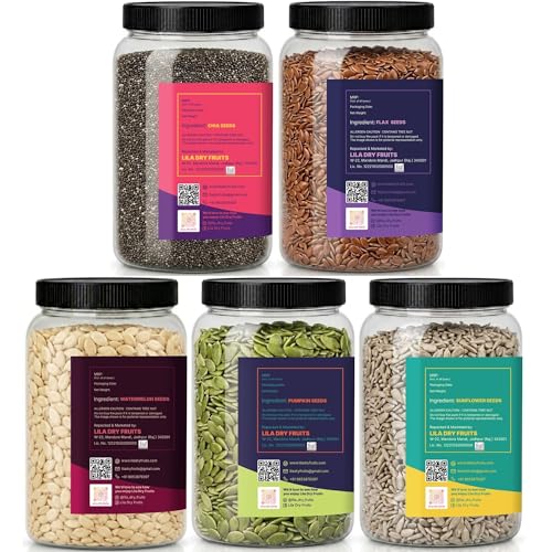 Image of LILA DRY FRUITS 5 Seeds Combo Pack Chia Flax Pumpkin Sunflower Watermelon Seed Mix 250 g x 5 for Eating Healthy Raw Seeds Mix Superfood Snack High Fiber Protein Rich Daily Nutrition