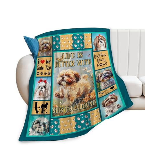 Shih Tzu Sherpa Blanket Cute Shih Tzu Decor Throw Blankets Ultra Soft Cozy Fuzzy Plush Fleece Flannel Pet Print Stuff Blanket Gifts for Dog Lover Girls Women Men Boys Kids for Bedding Sofa 40"X50"
