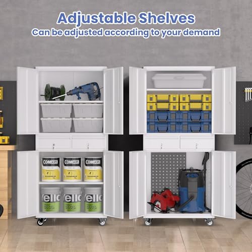 Metal Storage Cabinet with Wheels, 72” Rolling Garage Organizer with Locking Doors & 2 Drawers, Heavy Duty Steel Tool Cabinet with 3 Adjustable Shelves, Lockable Filing Cabinet for Home Office by Garvee - Image 3