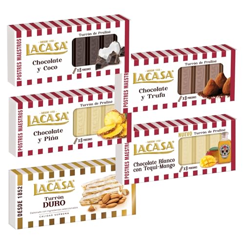 Pack Surtido 5 Turrones Lacasa:Chocolate Blanco con Tequi Mango, Chocolate y Coco, Cacao y Piña, Cacao y Trufa, Duro