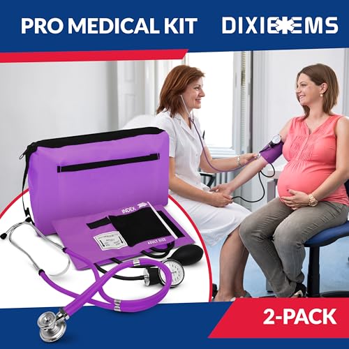 Image of Blood Pressure Monitor and Sprague Stethoscope Kit - 2-Pack, Adult Aneroid Sphygmomanometer with Dual-Head Stethoscope, Adjustable BP Cuff, Carrying Case & Accessories - Purple