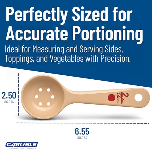Image of Carlisle FoodService Products 2 Oz Perforated Portion Control Spoon - Short Handle Measuring Spoon - Beige Polymer Foodservice Spoon for Commercial Kitchens, (Pack of 12)