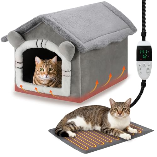 FHTONGE Heated Cat Bed House with Timer Temp Adjustment, Thermal Enclosed Kitten Beds Hideaway...