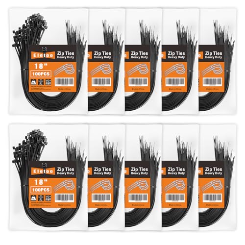 Eletoo18 Inch Black Zip Ties Heavy Duty 1000 Pack, 75LBS Tensile Strength, Self-Locking Heavy Duty UV Resistant Cable Ties for Indoor and Outdoor Use