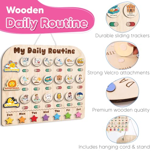 Image of Wooden Daily Routine with Stars, Chore Chart for Kids, Visual Schedule for Kids, Morning Evening Routine Chart, Preschool Routine Chart, Routine Chart for Kids