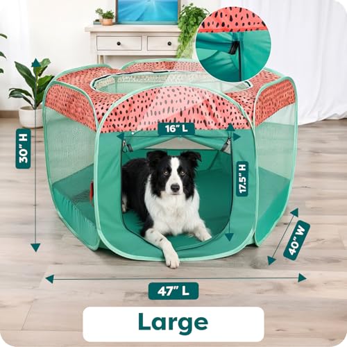 Image of FurHaven Soft-Sided Dog & Cat Playpen, Portable Foldable Indoor & Outdoor Pet Playpen with Mesh Windows & Zippered Door, Green & Pink, Large