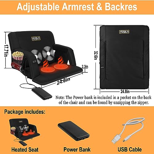 Heated Massage Reclining Stadium Seat, Bleacher Chair with 10000mAh Portable Bank, 6 Reclining Positions for Camping, Games & Sports - Image 3