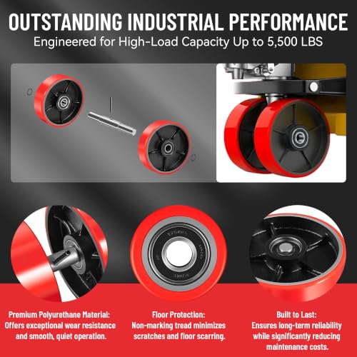 Image of Set of 2 Pallet Jack Steering Wheels (7 inch x 2 inch) Red Polyurethane on Steel Hub - Heavy Duty Replacement Parts with Pre-Installed Bearings, Axles & Fasteners - Fits Most Pallet Trucks