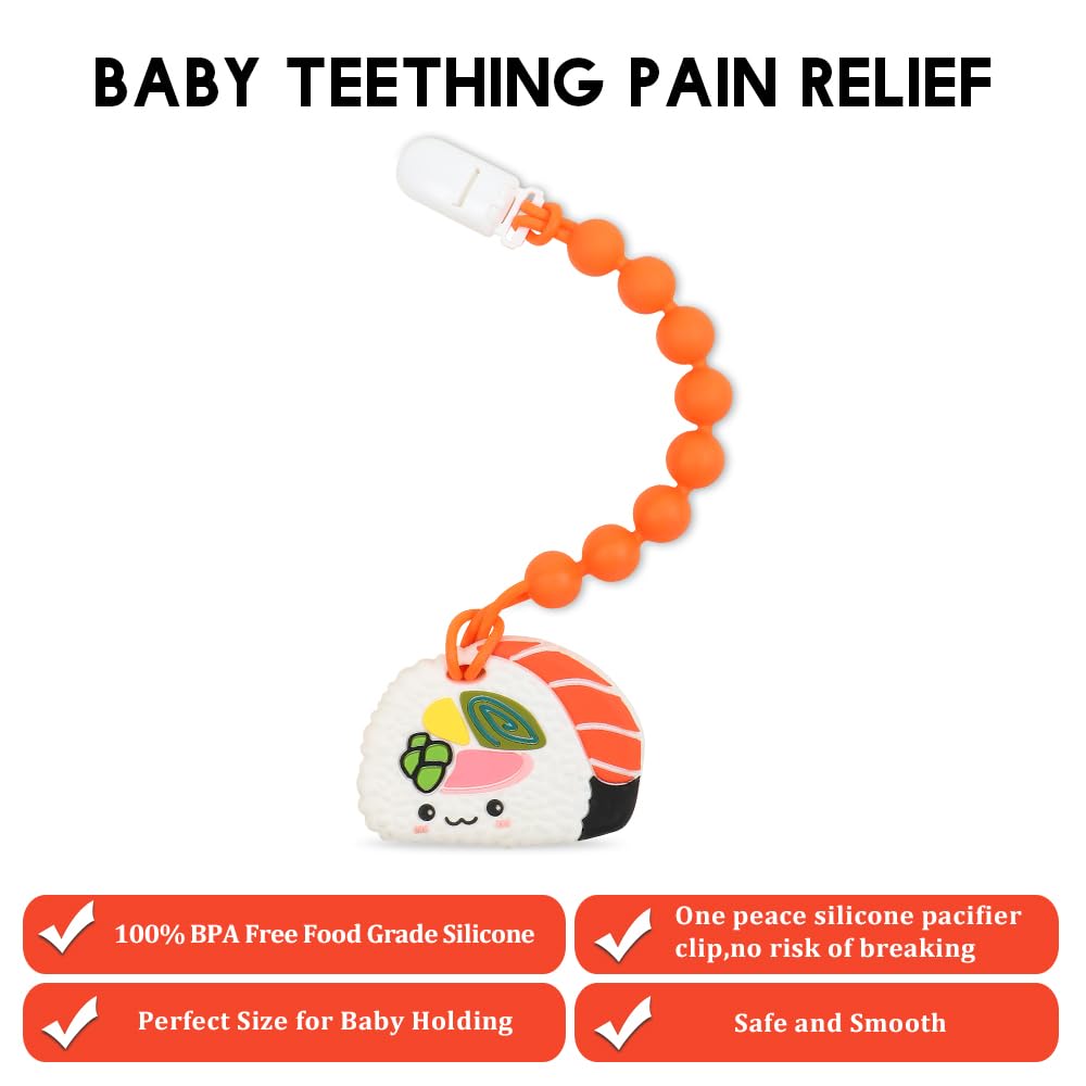 Baby Food Grade Silicone Teether Toy with One Piece Design Pacifier Clip Holder,Teething Pain Relief Toys Gift Set for 3 Months+ Boys and Girls,Freezer Safe,BPA Free. (Sushi)