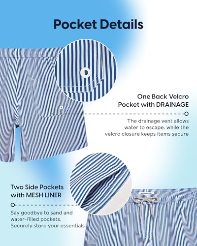 maamgic Mens Swim Trunks 5 Inch with Mesh Lining, Quick Dry Mens Bathing Suit, Swim Shorts for Swimming and Beach, Large Blue Stripe - Thumbnail 5