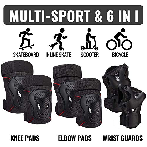 NHH Skateboard Knee Pads Elbow Pads and Wrist Guards - 6 in 1 Protective Gear Set for Kids Youth Adults Bicycling Cycling Bike Skateboard Inline Skate and Scooter (Black, L)