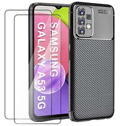 Coque pour Samsung Galaxy A53 5G + 2PCS Protecteur D'écran en Verre Trempé, Fibre de Carbone Silicone Souple TPU Étui Anti-Choc Anti-Rayure Protection Case Cover pour Samsung Galaxy A53 5G - Noir Cover