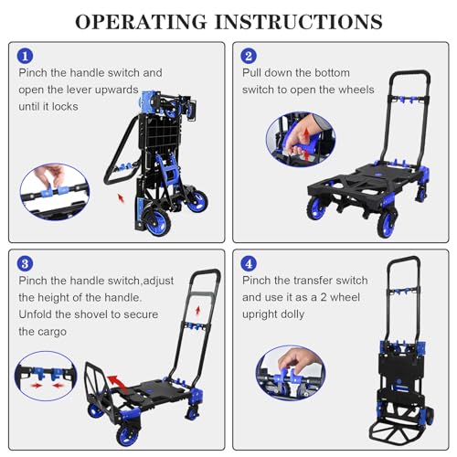 2 in 1 Folding Hand Truck with Folding Basket,Heavy Duty Hand Truck Dolly 330lbs Capacity with Telescoping Handle and Rubber Wheels,Portable Dolly Cart with Bungee Cords for Moving