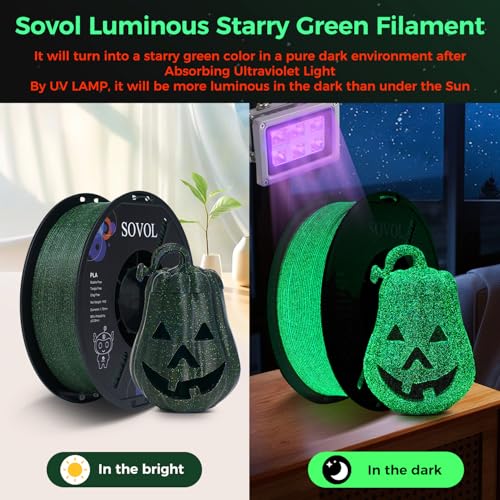 Image of Sovol 3D Printer Luminous Filament, Glow in The Dark PLA 1kg (2.2 lbs) Spool 3D Printing Materials, Dimensional Accuracy + /- 0.03 mm, 1.75 mm, Shiny Green