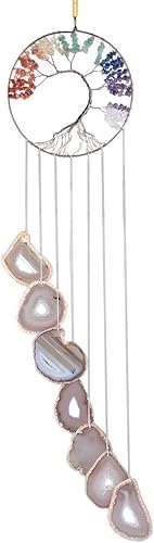 Miniatura 1 de rockcloud Campanillas de viento colgantes de 7 chakras del árbol de la vida con rodajas de ágata colgantes, adorno colgante de ventanas para