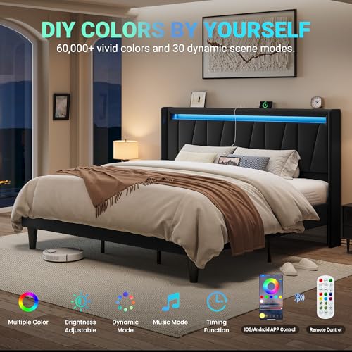 Image of Allewie King Size LED Bed Frame with Charging Station, Velvet Upholstered Platform Bed with Geometric Wingback Headboard, Modern Frame with No Box Spring Needed, Easy Assembly, Black