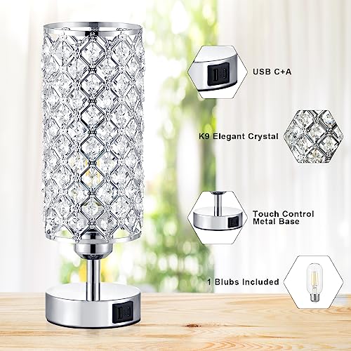 Crystal Touch Lamp with Touch Control, Sliver Table Lamp with USB-C+A Ports, 3 Way Dimmable Bedside Lamp Decorative Modern Nightstand Lamp, Bedroom Light for Living Room Side Table(Bulb Included) by Hong-in - Image 8