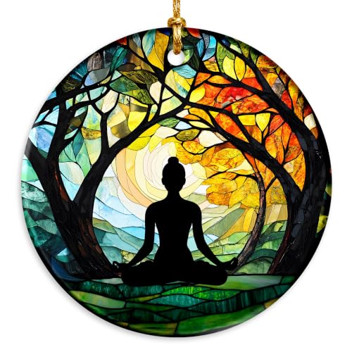 Yoga Meditation Christmas Ornament 2026 - Stained Glass Nature Zen Ceramic Hanging Keepsake - Mindfulness Spiritual Gift for Woman, Mom, Daughter, Sister, Wife, Friend, Yogi