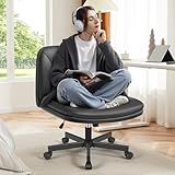 FelixKing Criss Cross Chair with Wheels, Cross Legged Office Chair, Armless Wide Vanity Desk Chair with Comfty PU Leather & Back - Swivel Height Ajustable for Home Office Bedroom, Black