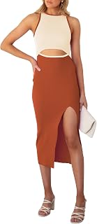 Women's Cutout Crew Neck Sleeveless Tank Slit Ribbed Bodycon Midi Dresses