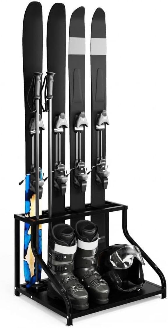 Garage Ski Storage Organizer, Heavy Duty Freestanding Ski Rack for 4 Pairs of Skis, Boots, Poles, Helmet & Goggles, Floor Stand Ski Equipment Holder for Garage, Basement, Ski Lodge