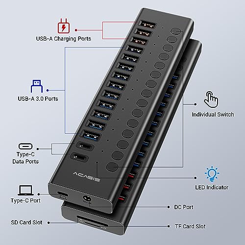 Acasis USB C Hub - 17 Ports USB 3.0 Hub for PC/Laptop/Computer(13 USB A Ports+2 Type C Ports+SD/TF Card Reader, Individual On/Off Switches, 12V/7.5A Power Adapter, Aluminum Housing