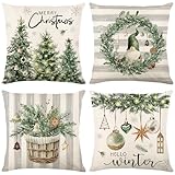 Bseical 4 Stück Kissenbezug Weihnachten, Weihnachtskissenbezug 45x45 cm, Leinen Look Kissenbezüge mit Weihnachtsbaum Muster, Weihnachtsdeko für Wohnzimmer Schlafzimmer Auto (D)