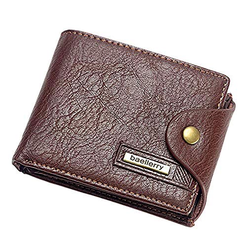 Mens P1 Leather Slim Bifold Wallet ID Window Credit Card Sim Card Billfold Purse Clutch with Gift Box (Brown Retro)