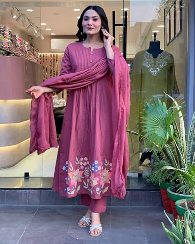 Image of GoSriKi Women's Rayon Viscose Embroidered Anarkali Kurta with Pant and Dupatta | Three Piece Ethnic Kurta Set for Women with Elegant Design