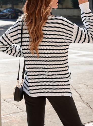 Image of Dokotoo Sweaters for Women Crewneck Long Sleeve Striped Color Block Loose Knit Pullover Sweater Tops