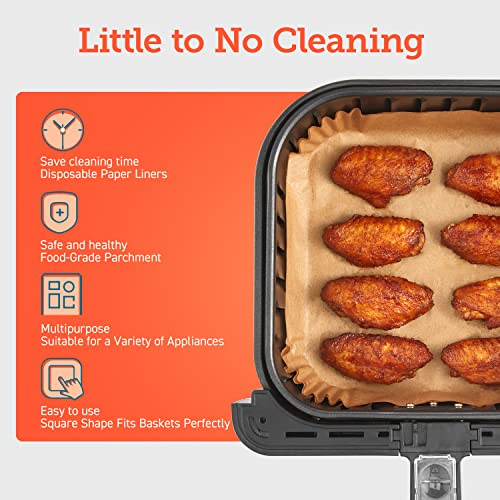 This is a picture of a product for sale called COSORI Air Fryer,  5 QT,  9-in-1 Airfryer Compact Oilless Small Oven,  30 Exclusive Recipes,  Fit for 1-4 People & Air Fryer 100 PCS Non-Stick Square Disposable Paper Liners,  6.5 inch for 3-5QT Basket