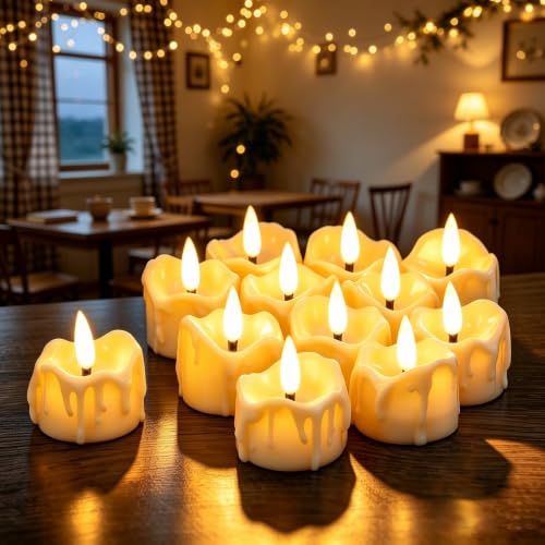 Image of 12 Pack LED Timer Tea Light Battery Operated, Flameless Flickering LED Votive Tealight Timer Candles, Outdoor Electric Flicker Fake Candle Bulk for Christmas Halloween Pumpkin Light Decorations